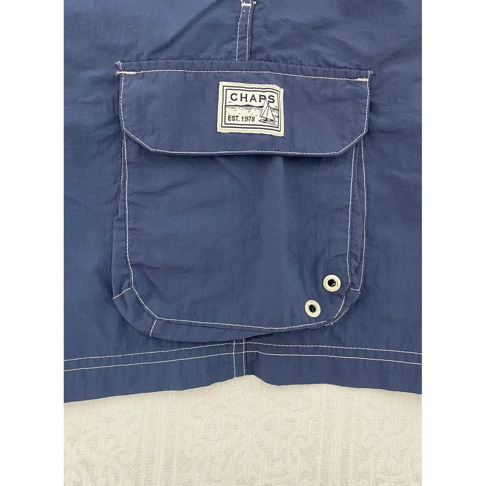 Chaps Mens Swim Trunks XL Navy‎ Blue Striped Cargo Pocket Nylon Board Shorts
